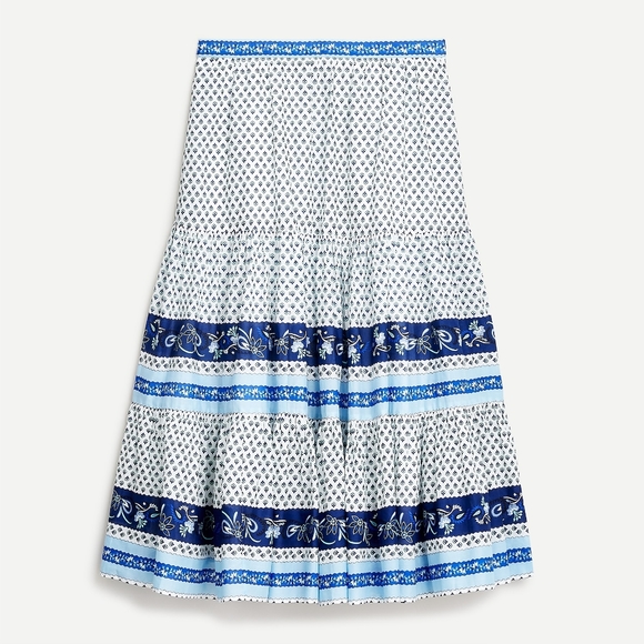 New! J Crew L Large Tiered skirt in blue ribbon block print NWT - Picture 1 of 13